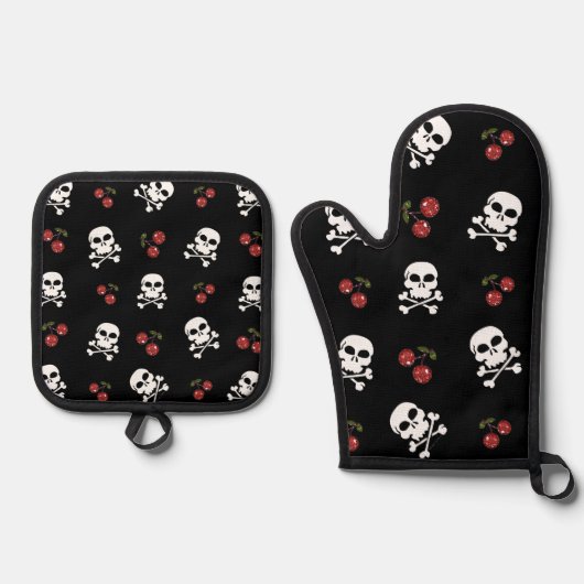 RAB Rockabilly Skulls en Cherries op zwart Ovenwant & Pannenlap Set (Voorkant)
