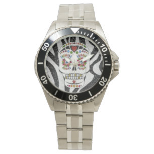 RAB Rockabilly Sugar Skull op Zebra Print Horloge