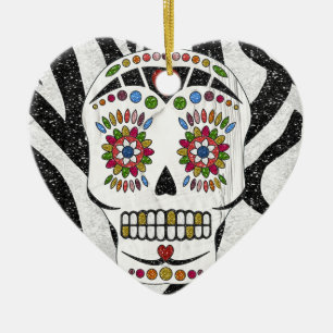 RAB Rockabilly Sugar Skull op Zebra Print Keramisch Ornament