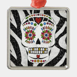 RAB Rockabilly Sugar Skull op Zebra Print Metalen Ornament