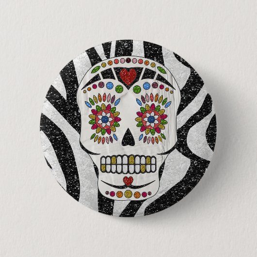 RAB Rockabilly Sugar Skull op Zebra Print Ronde Button 5,7 Cm (Voorkant)