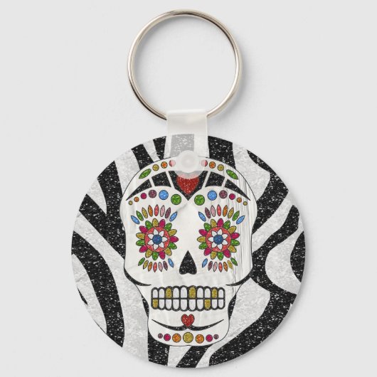 RAB Rockabilly Sugar Skull op Zebra Print Sleutelhanger (Voorkant)