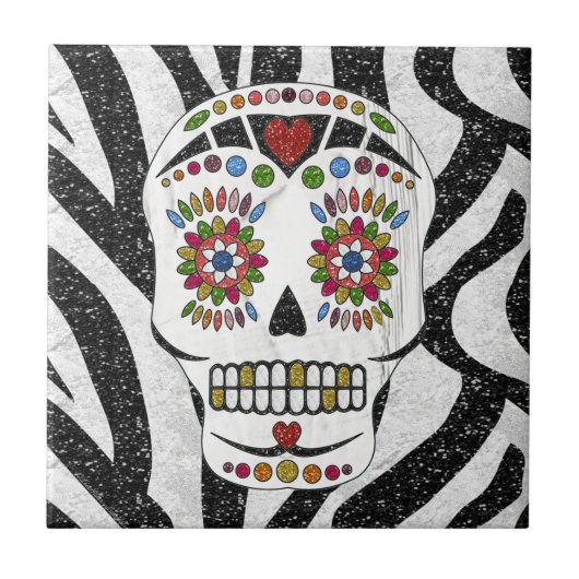 RAB Rockabilly Sugar Skull op Zebra Print Tegeltje (Voorkant)