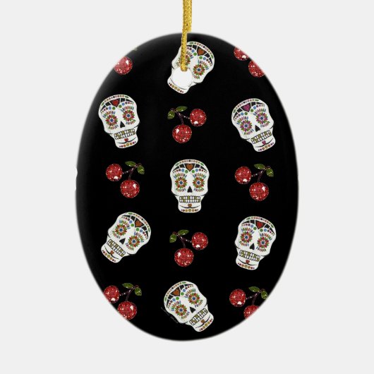 RAB Rockabilly Sugar Skulls Cherries on Black Keramisch Ornament (Voorkant)