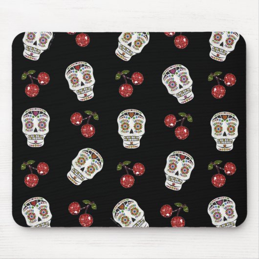 RAB Rockabilly Sugar Skulls Cherries on Black Muismat (Voorkant)