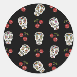 RAB Rockabilly Sugar Skulls Cherries on Black Ronde Sticker