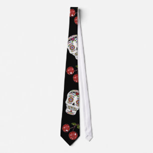 RAB Rockabilly Sugar Skulls Cherries on Black Stropdas