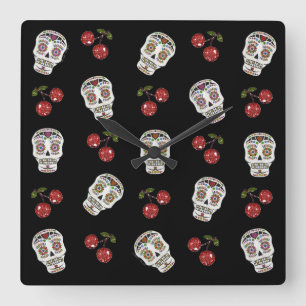RAB Rockabilly Sugar Skulls Cherries op Black Vierkante Klok