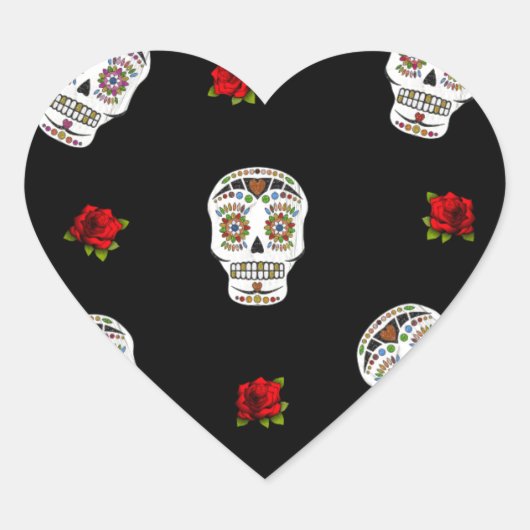 RAB Rockabilly Sugar Skulls Rozen op zwart Hart Sticker (Voorkant)