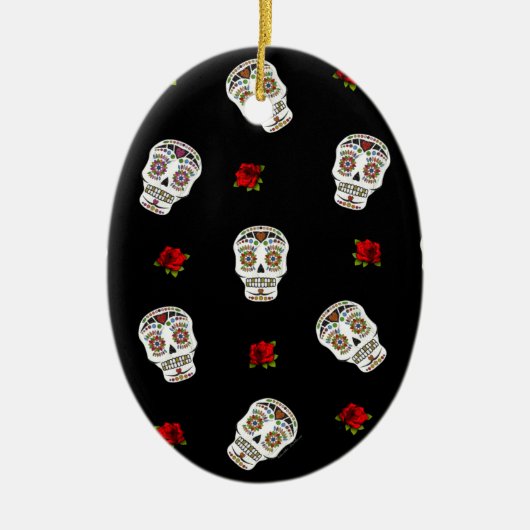 RAB Rockabilly Sugar Skulls Rozen op zwart Keramisch Ornament (Voorkant)