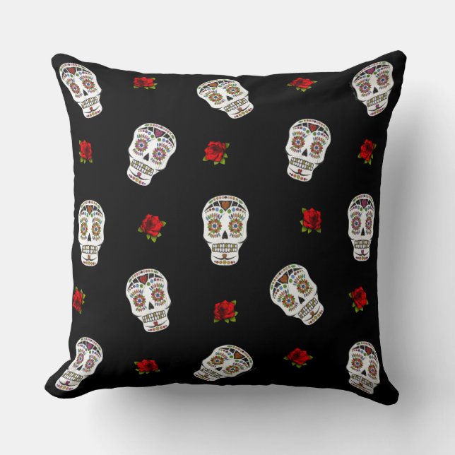 RAB Rockabilly Sugar Skulls Rozen op zwart Kussen (Voorkant)