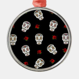 RAB Rockabilly Sugar Skulls Rozen op zwart Metalen Ornament
