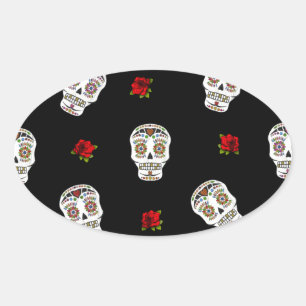 RAB Rockabilly Sugar Skulls Rozen op zwart Ovale Sticker