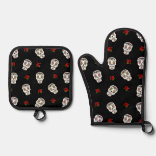 RAB Rockabilly Sugar Skulls Rozen op zwart Ovenwant & Pannenlap Set