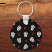 RAB Rockabilly Sugar Skulls Rozen op zwart Sleutelhanger (Voorkant)