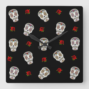 RAB Rockabilly Sugar Skulls Rozen op zwart Vierkante Klok