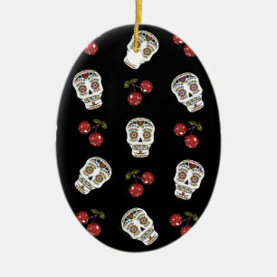 RAB Rockabilly Suiker Schedels Kersen Op Zwart Keramisch Ornament