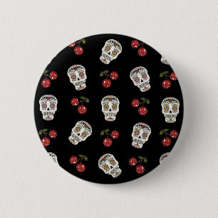 RAB Rockabilly Suiker Schedels Kersen Op Zwart Ronde Button 5,7 Cm