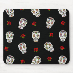 RAB Rockabilly Suiker Schedels Rozen Op Zwart Muismat