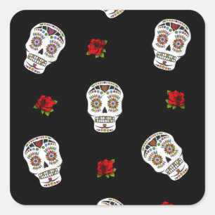 RAB Rockabilly Suiker Schedels Rozen Op Zwart Vierkante Sticker