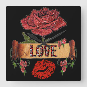 RAB Rockabilly Valentijn Rozen, Love & Lipstick Vierkante Klok