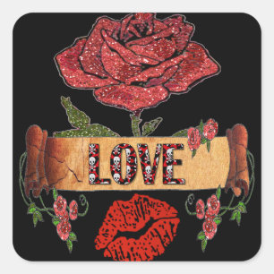 RAB Rockabilly Valentijn Rozen, Love & Lipstick Vierkante Sticker