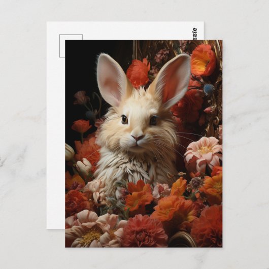 Rabbit adorable avec Fleurs Carte postale (Devant / Derrière)