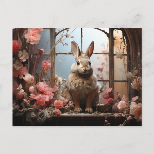 Rabbit adorable avec Fleurs roses Carte postale (Devant)
