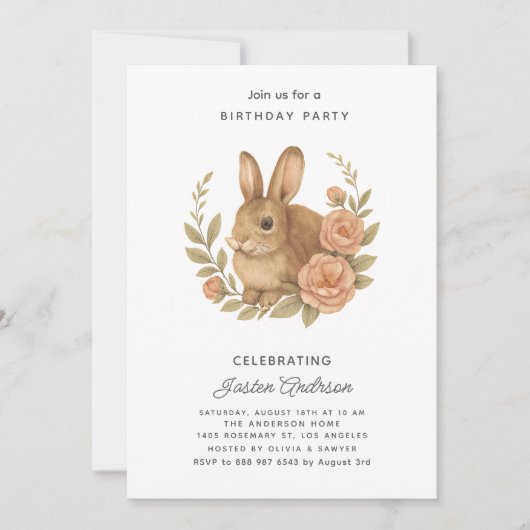 Rabbit and Pink Flowers Birthday Party Invitation (Devant)