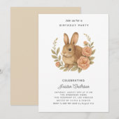 Rabbit and Pink Flowers Birthday Party Invitation (Devant / Derrière)