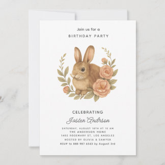 Rabbit and Pink Flowers Birthday Party Invitation Feestdagenkaart