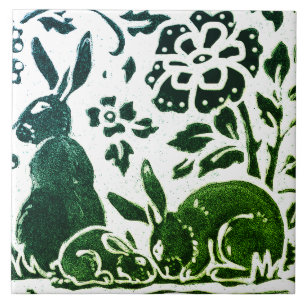 Rabbit Batik Modern Green Blue Floral Woodland Tegeltje