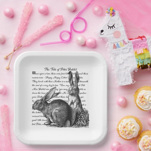 Rabbit Black en Cream Nursery Canvas afdrukken Papieren Bordje (Feest)