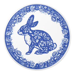 Rabbit Blue Willow Design Cute Bunny Facs left Keramische Knop