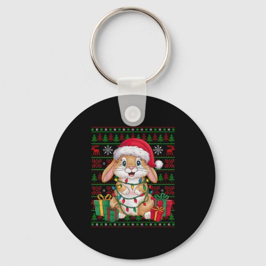 Rabbit Bunny Xmas Lights Ugly Santa Hat Bunny Chri Sleutelhanger (Voorkant)