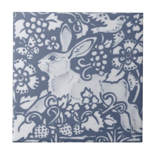 Rabbit Hare Denim Blue Botanical Dedham Delft Tegeltje (Voorkant)