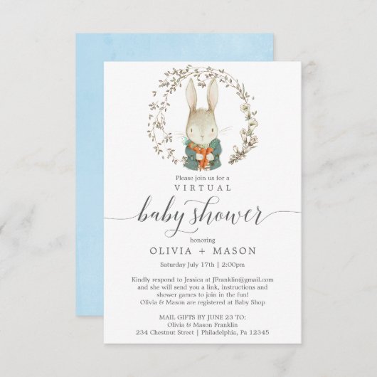  Rabbit Virtual Baby shower Invitation Boy Kaart (Voorkant / Achterkant)