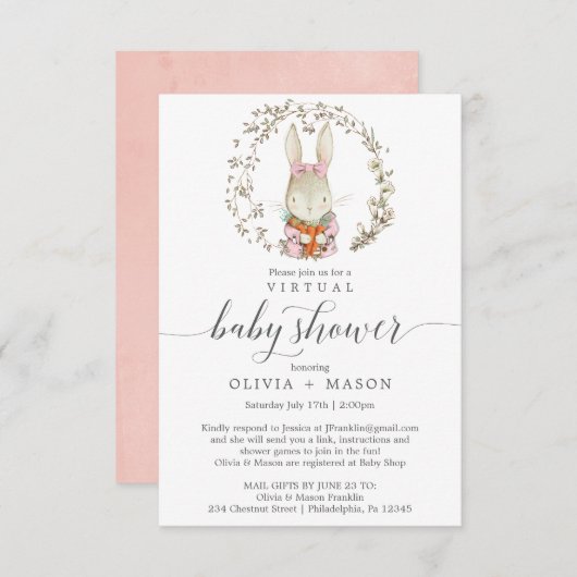  Rabbit Virtual Baby shower Invitation Kaart (Voorkant / Achterkant)