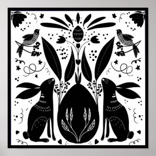 Rabbits Folk Art Block Print Design Post