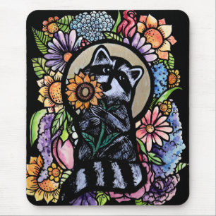 Raccoon Art Flower Raccoons Design met Zonnebloem Muismat