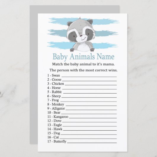 Raccoon Baby Animals Name Game (Voorkant / Achterkant)