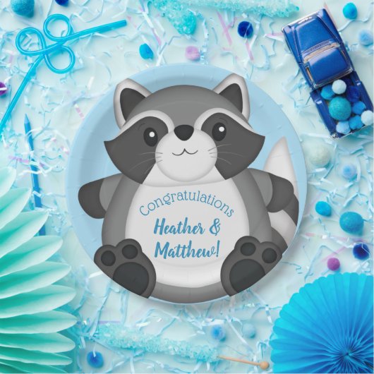 Raccoon Baby shower Blue Papieren Bordje (Feest)