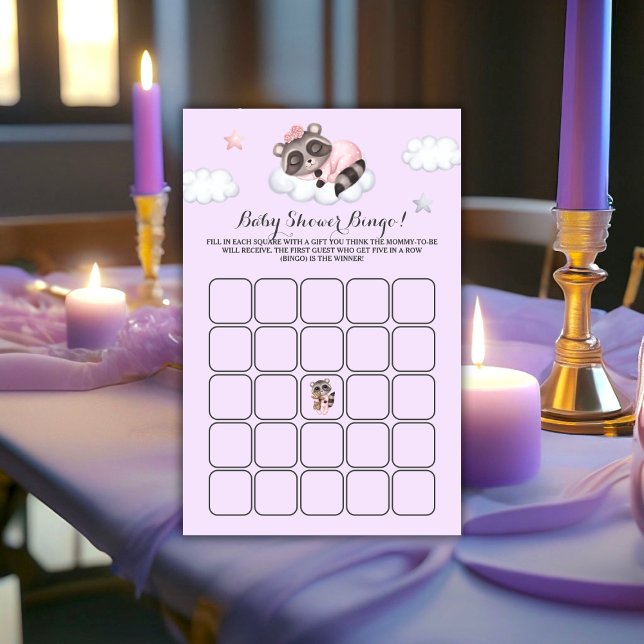 Raccoon Baby shower Lavendel Spel Bingo (Gentle Raccoon Animal Girl Baby Shower Game Bingo)