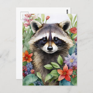 Raccoon Bloemen Waterverf Kunst Briefkaart