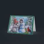 Raccoon, Cardinal, Carte de voeux blanche Snowman<br><div class="desc">Les jours d'hiver de neige appellent à faire un bonhomme de neige...  et ce qui est plus amusant que de se faire avec des amis. Je l'appelle "WINTER FUN". Image de mon art original.</div>