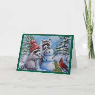 Raccoon, Cardinal, Carte de voeux blanche Snowman