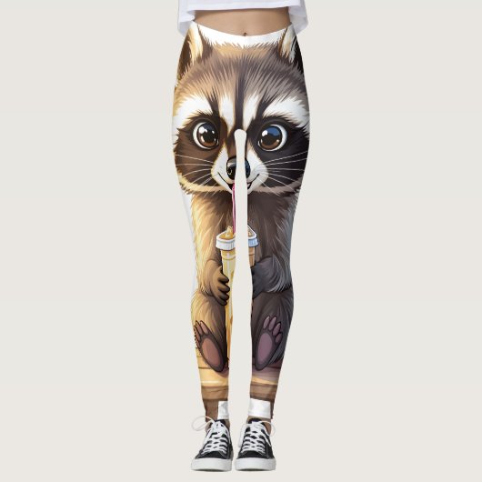 Raccoon Drinking Iced Coffee Leggings (Voorkant)