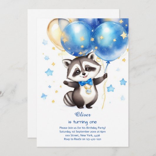 Raccoon eerste verjaardag uitnodiging (Voorkant / Achterkant)