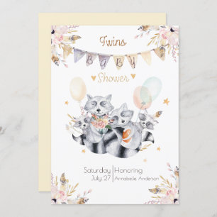 Raccoon Family Twins Boho Baby shower Kaart