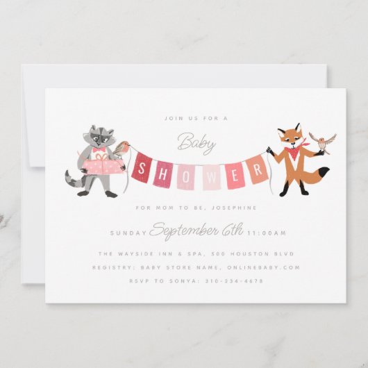 Raccoon Fox Forest Friends roze Baby shower Kaart (Voorkant)